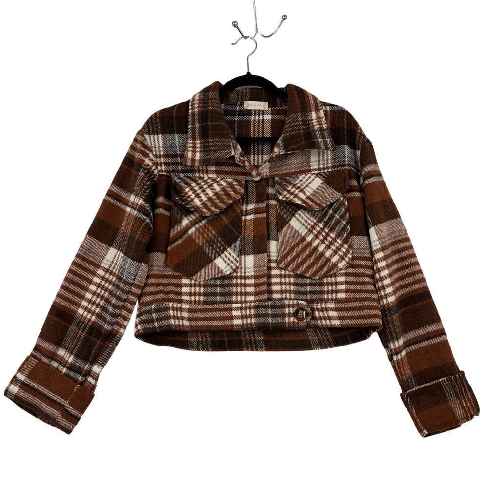 Altar'd State Cropped Jacket Flannel Size L Brown Plaid Shacket‎ Boxy Snap Close